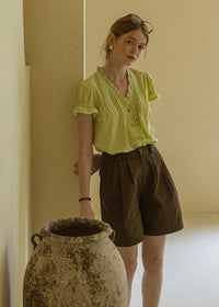 Sunday Picnic Blouse | Lace Trim Puff Sleeve Vintage Top(2COLOR)