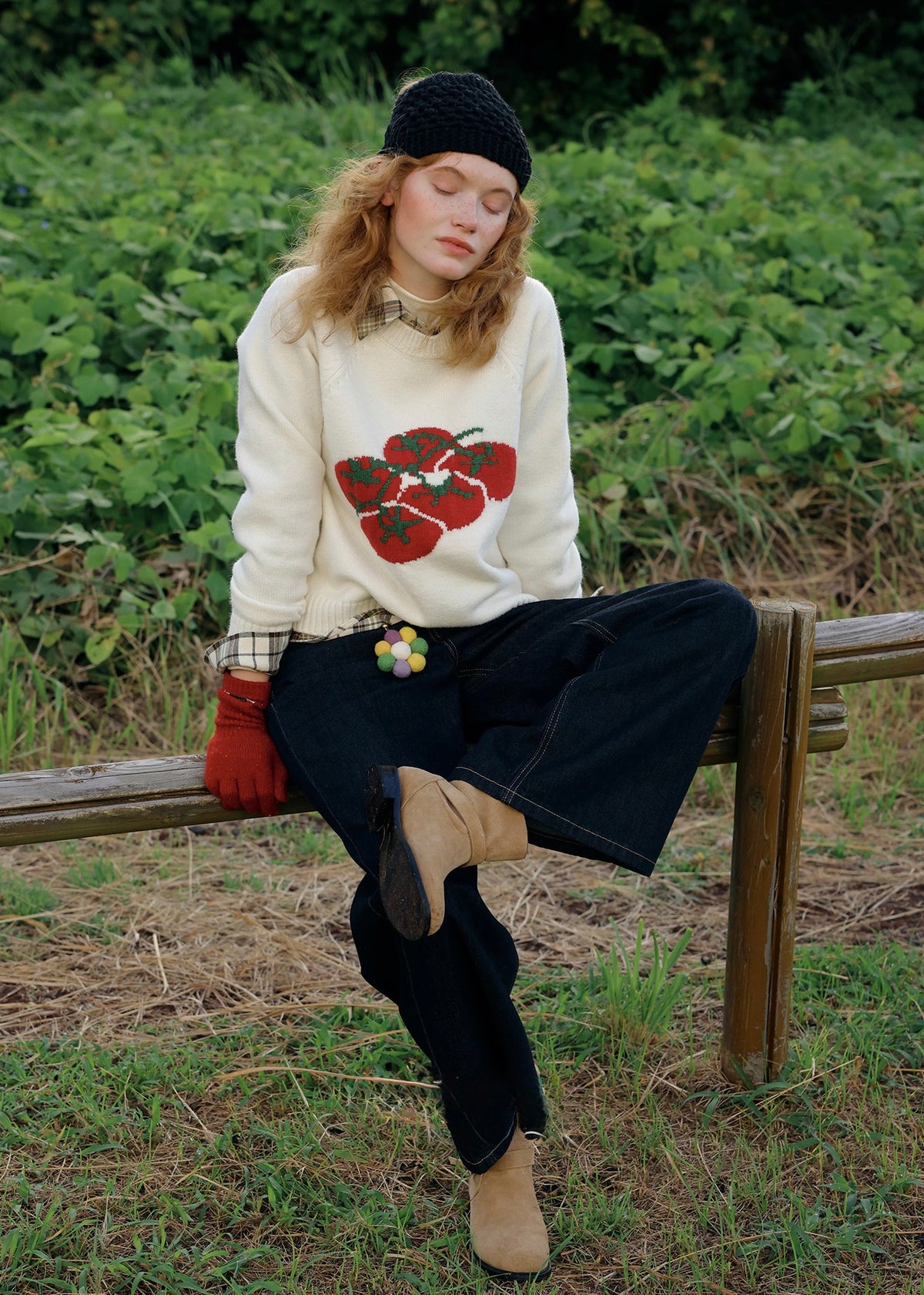 Tomato Jacquard Crew Neck Knit Sweater