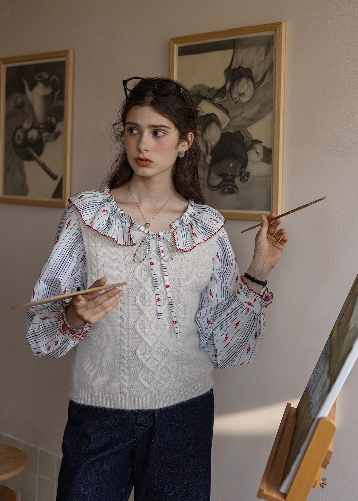 Red Stitch Romantic Vintage Ruffle Blouse