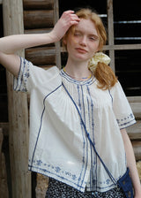 Blue Thread Embroidered Vintage Short Sleeve Blouse