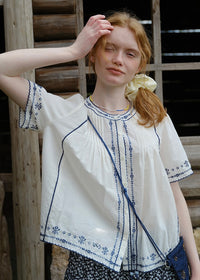 Blue Thread Embroidered Vintage Short Sleeve Blouse