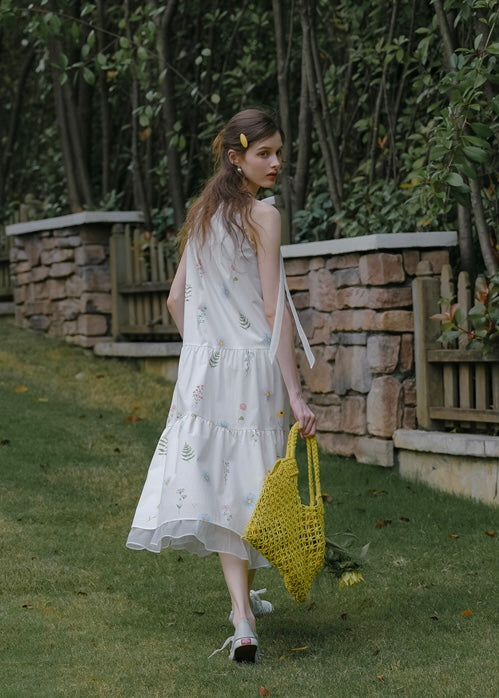 Field Whispers White Embroidered Halter Neck Dress
