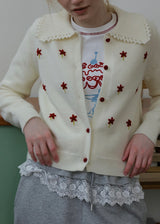 Vintage Floral Embroidered Collared Knit Cardigan