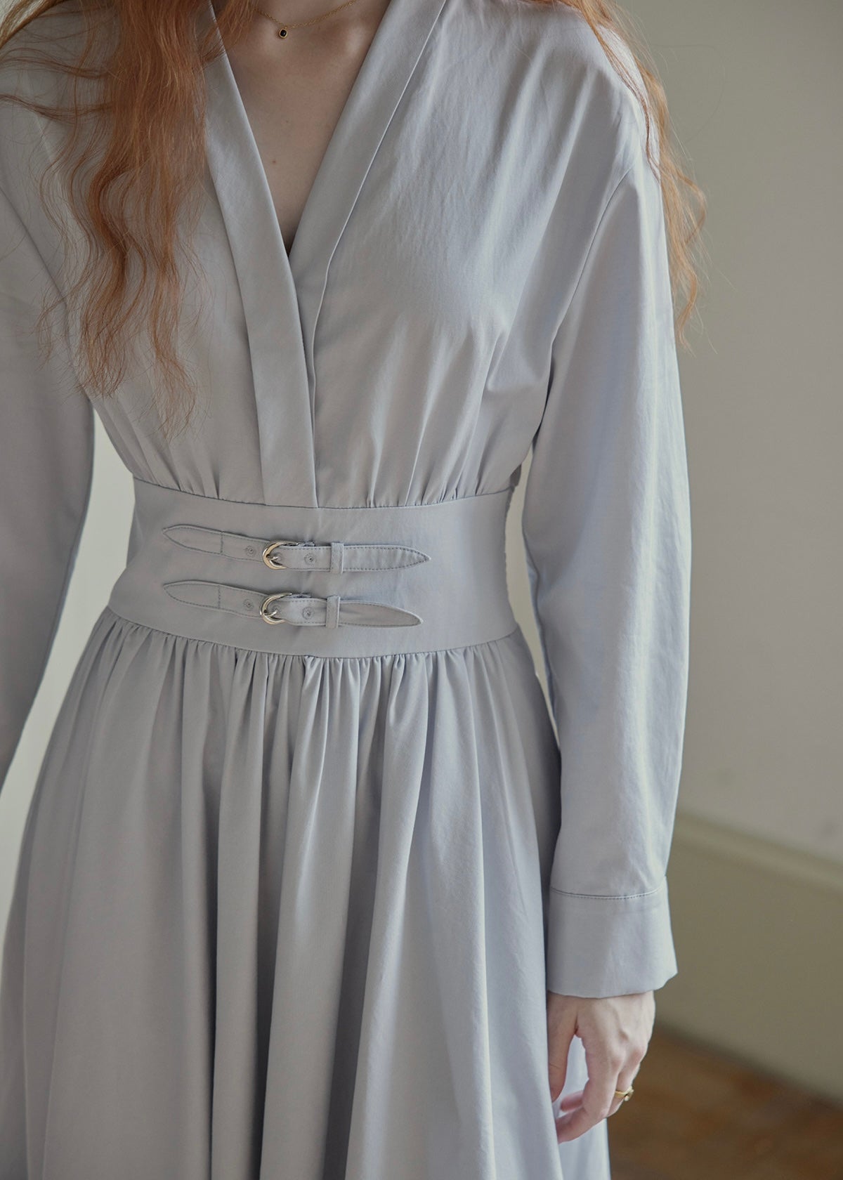 Buckled Waist Long Dress V-Neck A-Line Maxi Dress