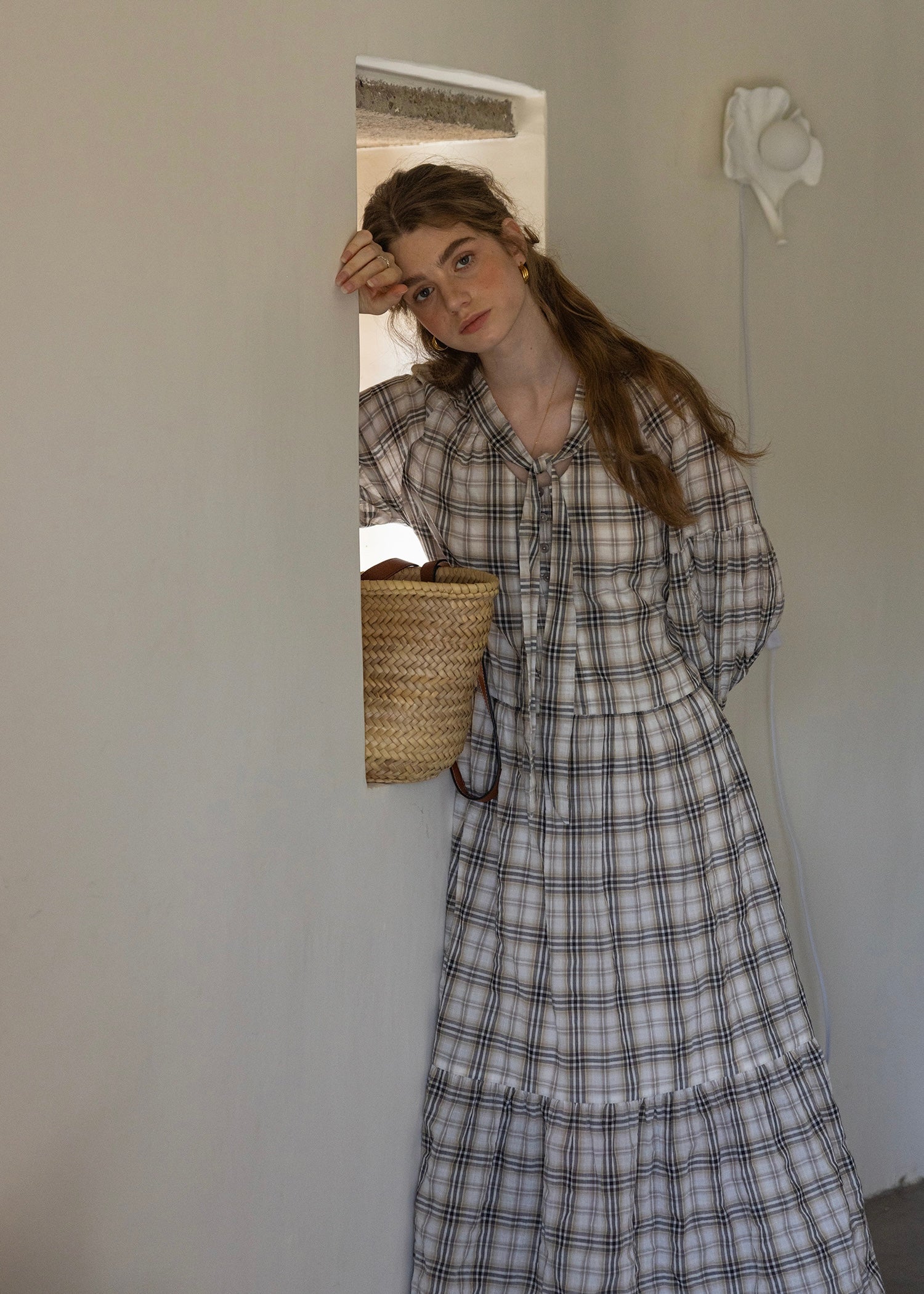 Vintage Check Long Sleeve Tiered Dress