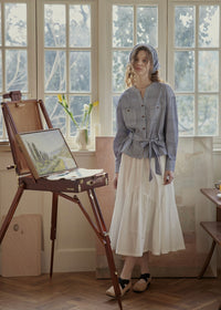 Blue Letter Gingham Tie-Waist Vintage Blouse