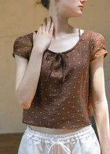 Cocoa Dots Short Sleeve Ribbon Tie Blouse