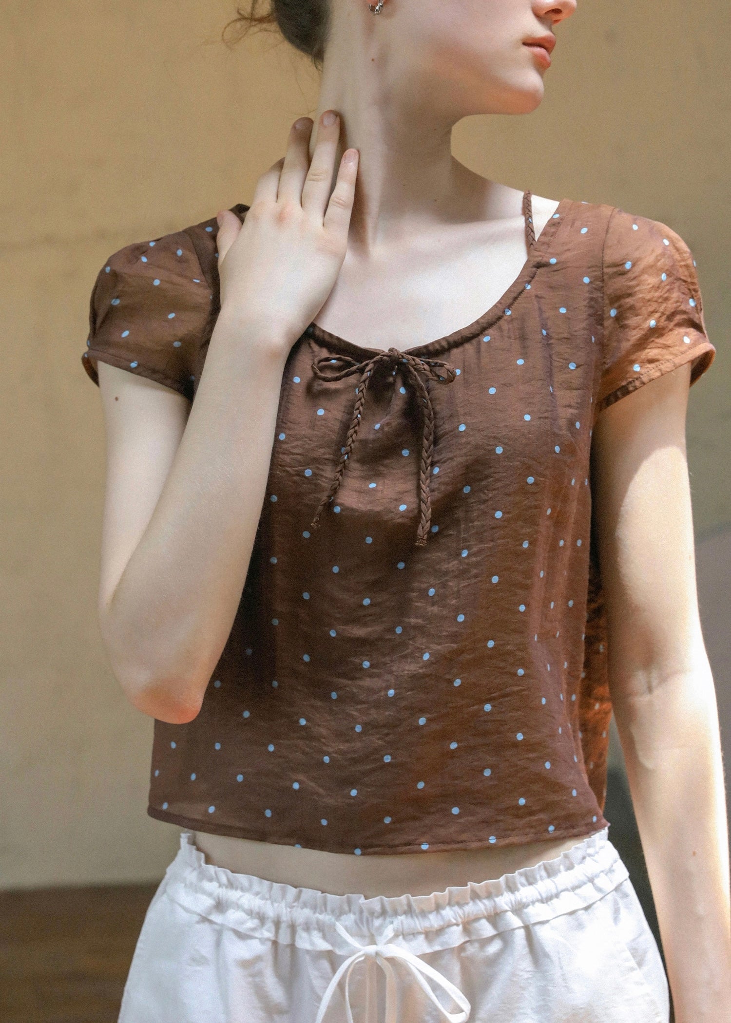 Cocoa Dots Short Sleeve Ribbon Tie Blouse