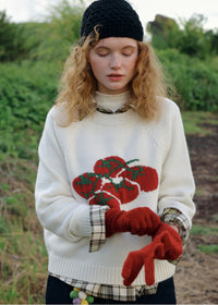 Tomato Jacquard Crew Neck Knit Sweater