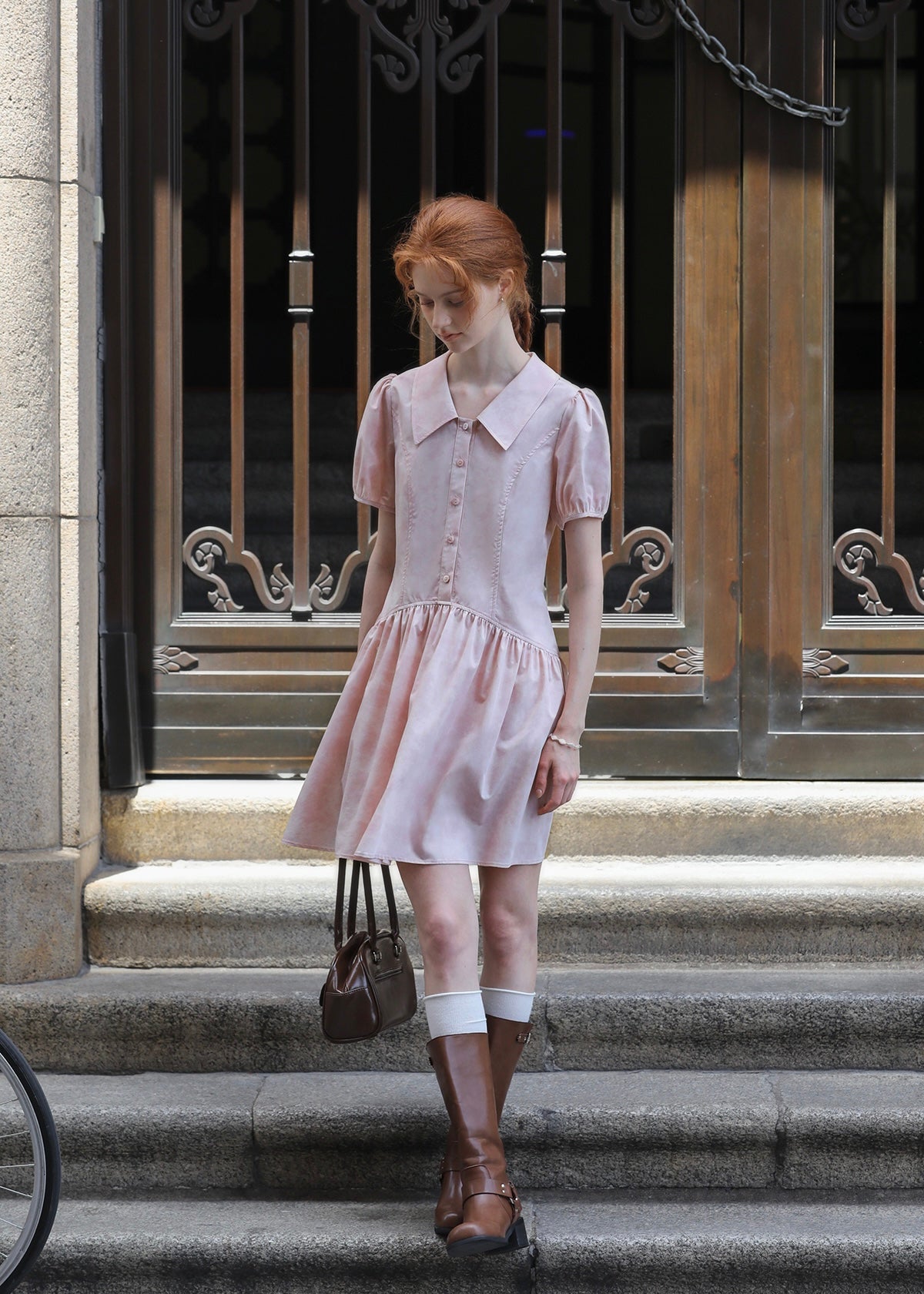 Rosecloud Button Soft Pink Puff Sleeve Mini Dress