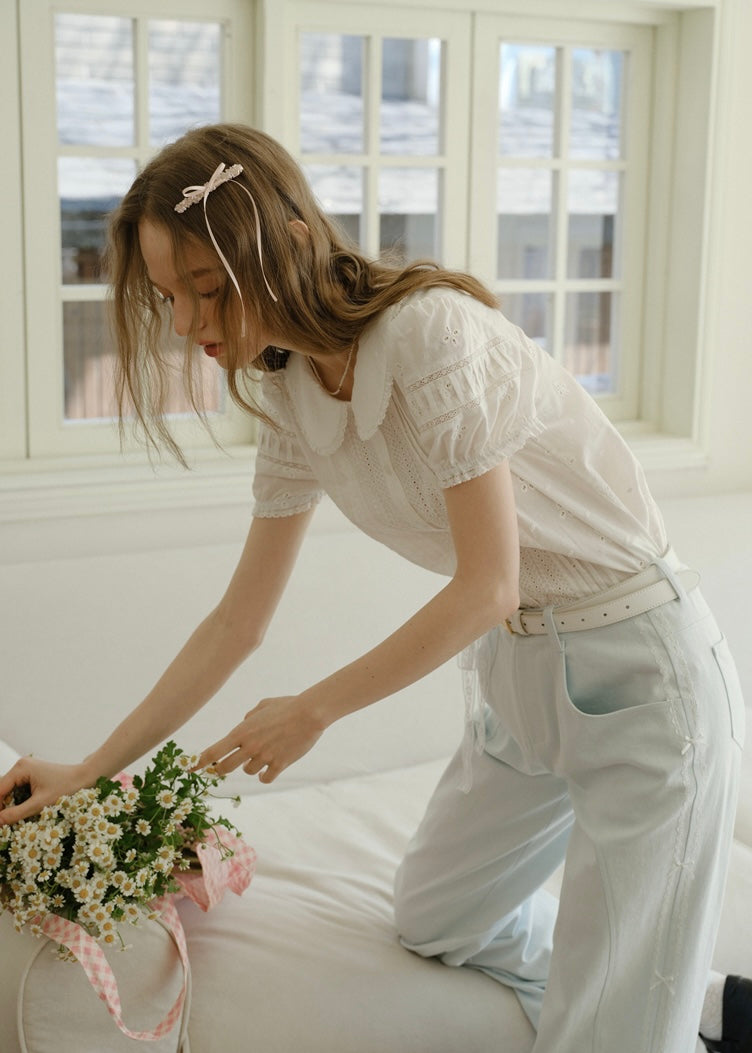 Evelyn Eyelet Blouse | Vintage White Cotton Shirt with Pintuck and Lace Collar