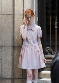 Rosecloud Button Soft Pink Puff Sleeve Mini Dress