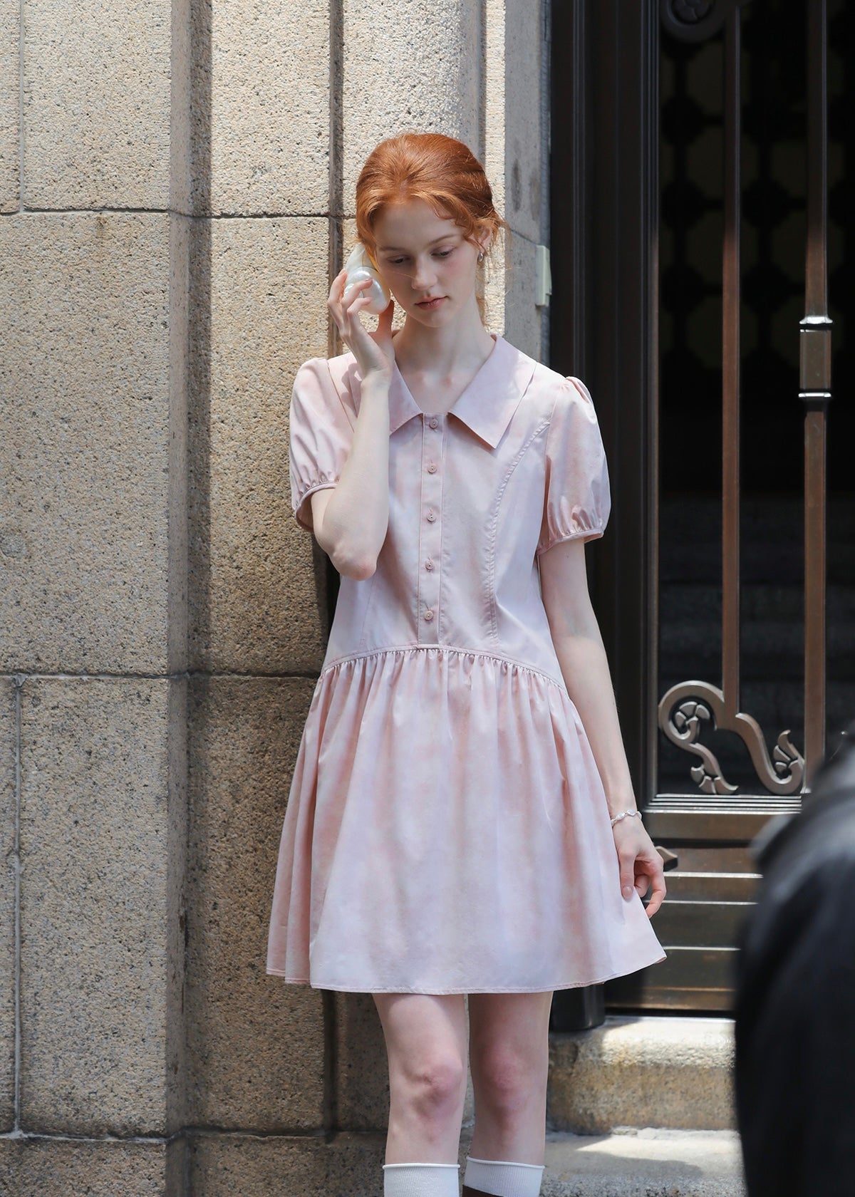Rosecloud Button Soft Pink Puff Sleeve Mini Dress