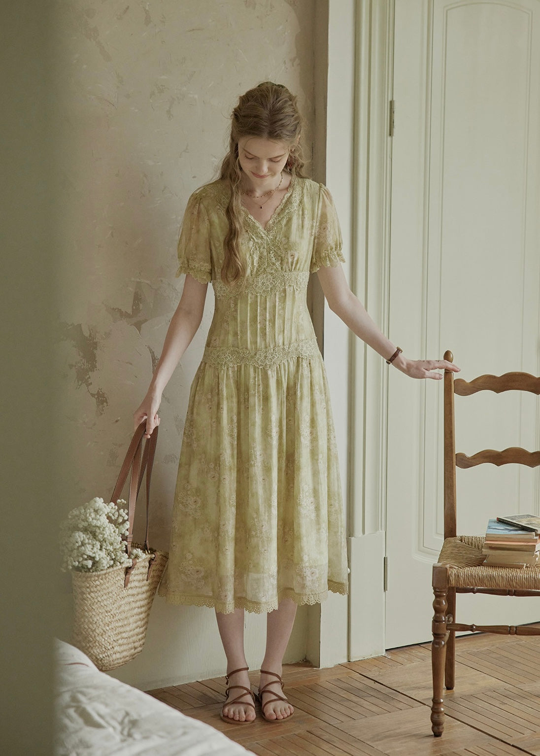 Elowen V-Neck Floral Lace Trim Dress