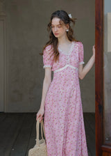 Strawberry Picnic Pink Gingham Floral Lace Dress