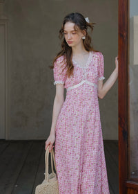 Strawberry Picnic Pink Gingham Floral Lace Dress