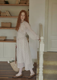 Vintage Floral Smocked Waist Ruffle Neck Long Dress