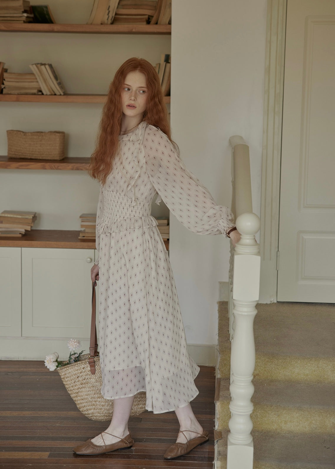 Vintage Floral Smocked Waist Ruffle Neck Long Dress