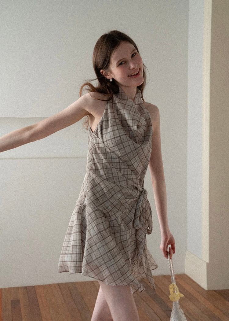 Sable Check Halter Wrap Mini Dress