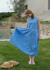 Sky Blue Sleeveless Cotton Summer Loose and Slim Dress