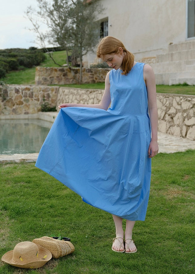 Sky Blue Sleeveless Cotton Summer Loose and Slim Dress