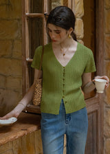 Été Knit Button Top | Slim Fit V-Neck Ribbed Summer Cardigan Blouse(2COLOR)