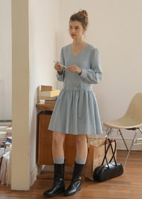 Soft Mist Belted Vintage Pastel Blue Dress