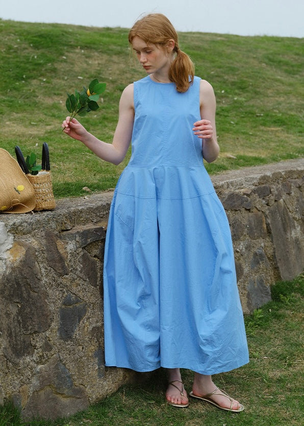 Sky Blue Sleeveless Cotton Summer Loose and Slim Dress
