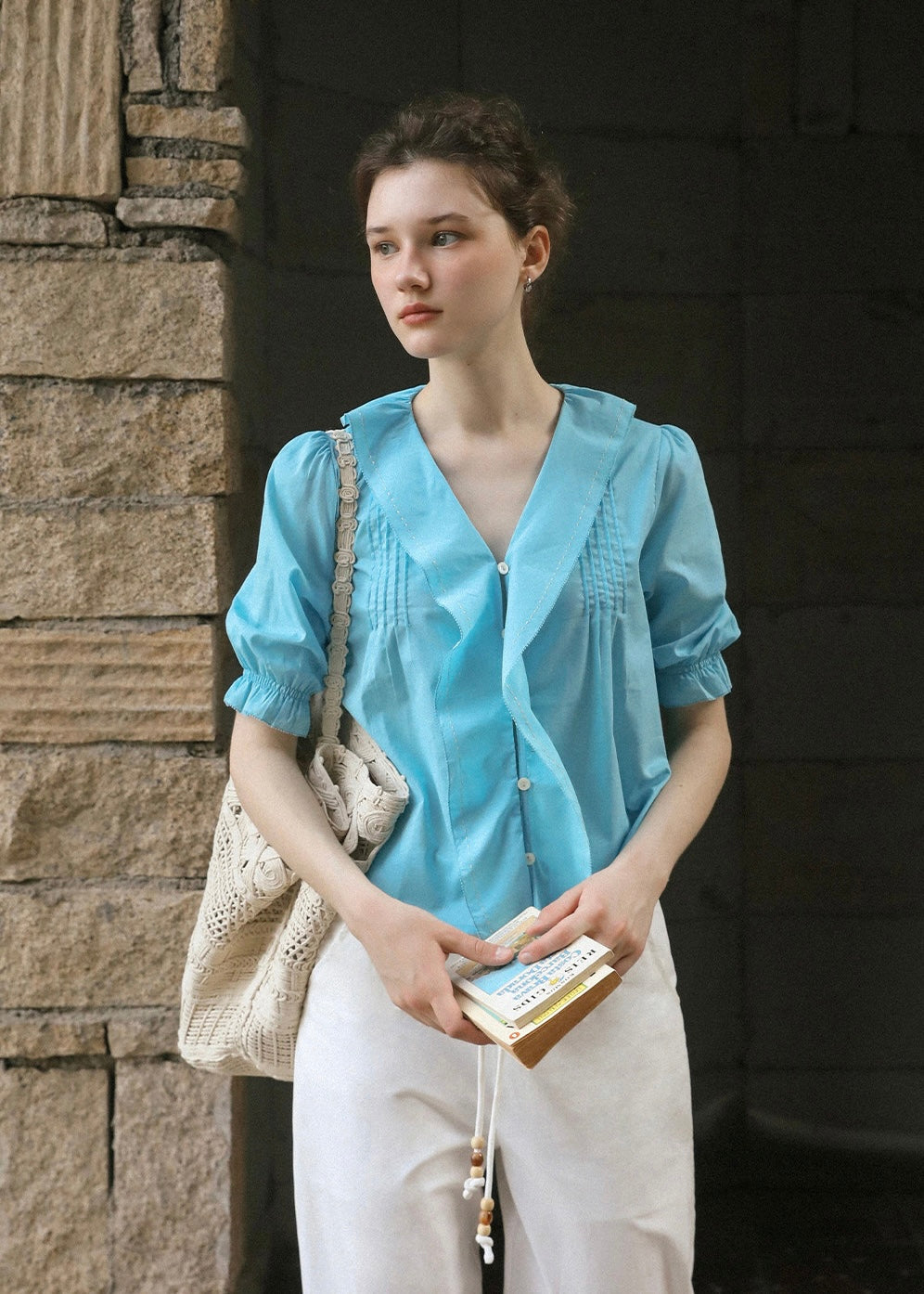 Azure Reverie Ruffle Collar Blouse