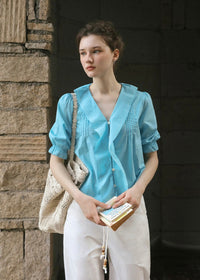 Azure Reverie Ruffle Collar Blouse
