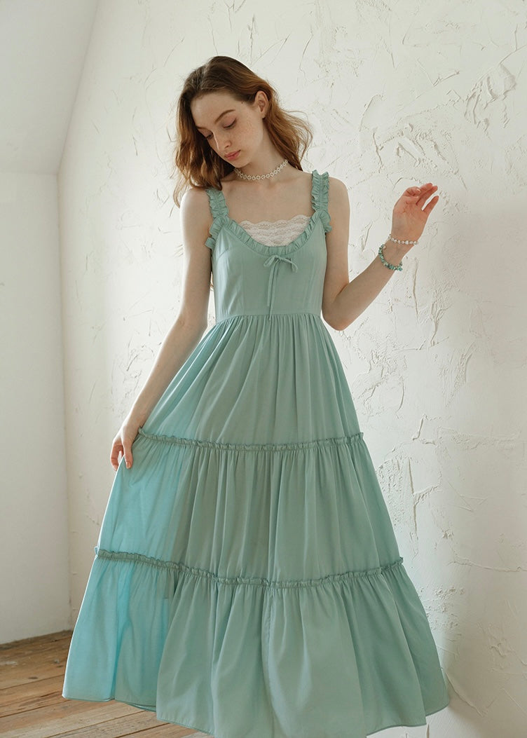 Mint Ruffle Melody Tiered Sleeveless Long Vintage Long Dress