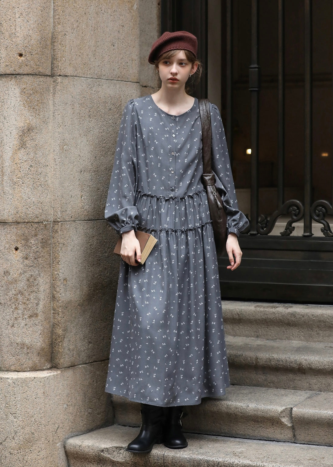 Shirred Waist Vintage Floral Long Dress