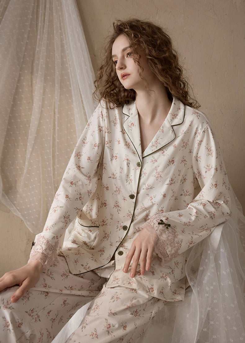 Rose Lace Trim Cream Beige Vintage Pajama Set Nightwear