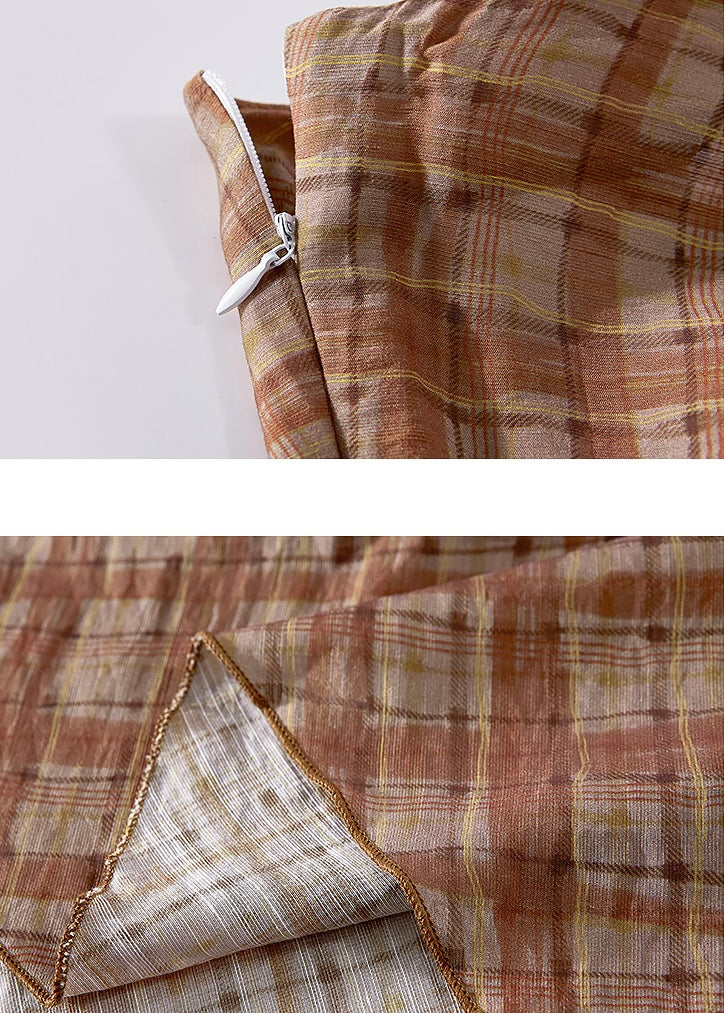Rust Check Draped Skirt | Asymmetrical High Waist Plaid Skirt(2COLOR)