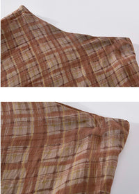 Rust Check Draped Skirt | Asymmetrical High Waist Plaid Skirt(2COLOR)