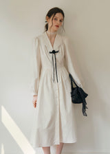 Vintage Cream beige Striped Velour Ribbon Collar Dress