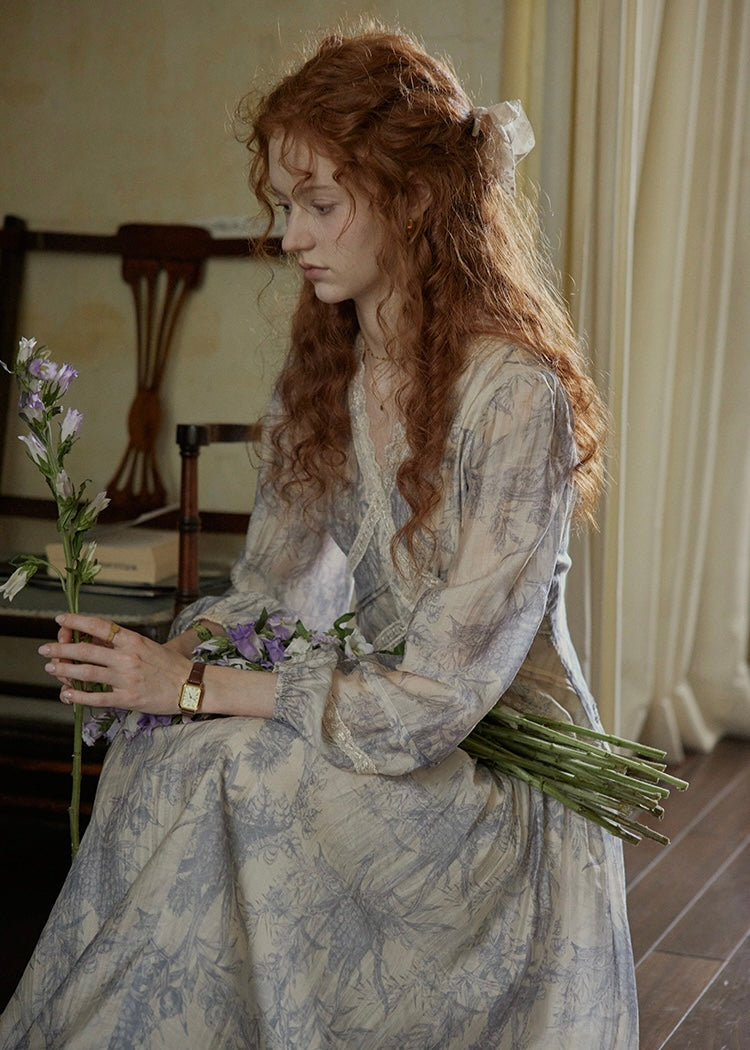 Ash Mist Blue Vintage Print Long Sleeve Dress