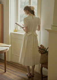 Ivory Poise Embroidered Puff Sleeve Midi Dress