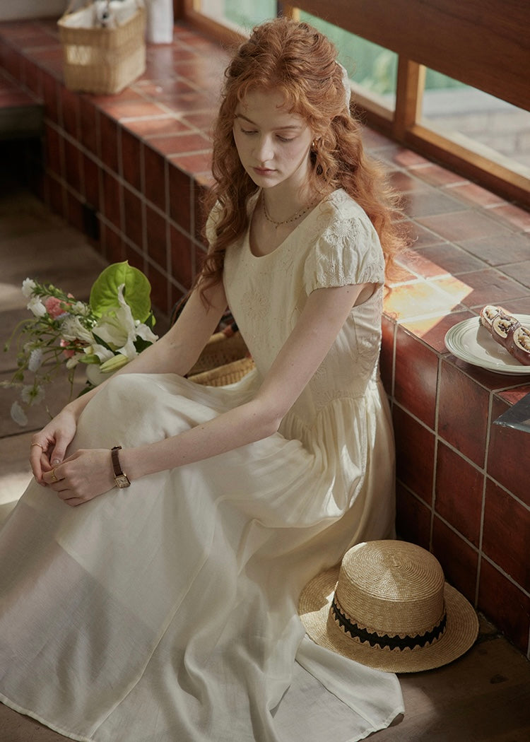 Sunday Light Embroidered Dress | Ivory Vintage Cotton Maxi Dress