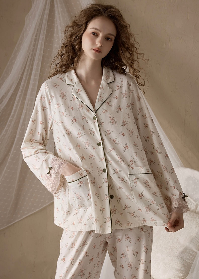Rose Lace Trim Cream Beige Vintage Pajama Set Nightwear