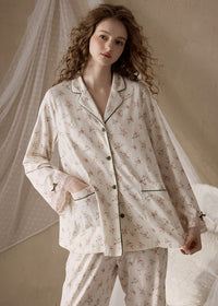 Rose Lace Trim Cream Beige Vintage Pajama Set Nightwear