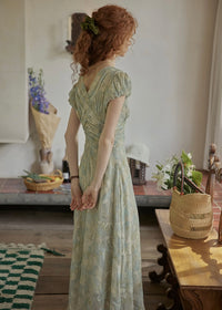 Verde Bloom Long Dress | Vintage Mint Floral Ruched Dress