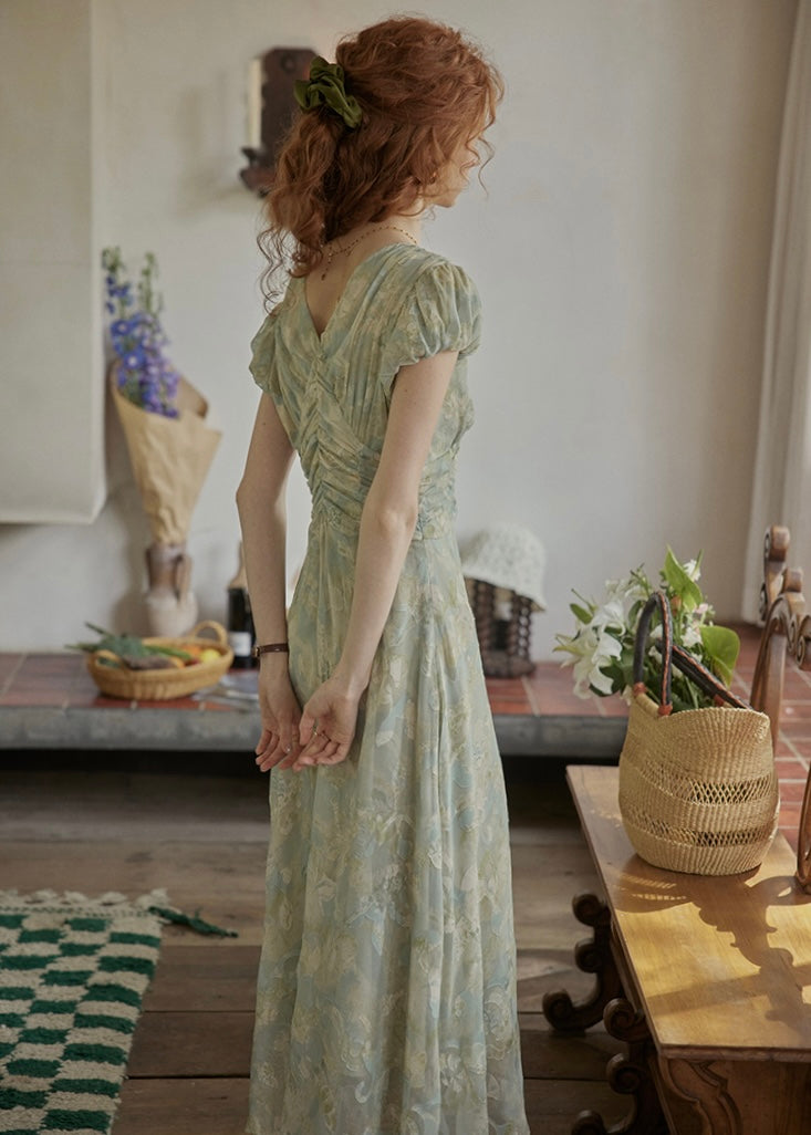 Verde Bloom Long Dress | Vintage Mint Floral Ruched Dress