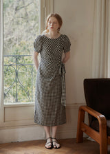 Black Gingham Wrap Dress Puff Sleeve Vintage Dress
