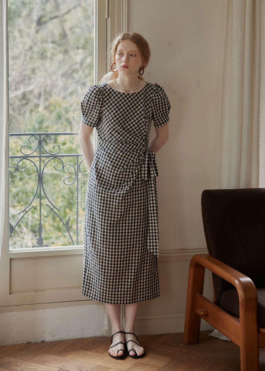 Black Gingham Wrap Dress Puff Sleeve Vintage Dress