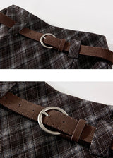 Vintage Brown Plaid Midi Flare Skirt with Belt