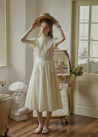 Ivory Poise Embroidered Puff Sleeve Midi Dress