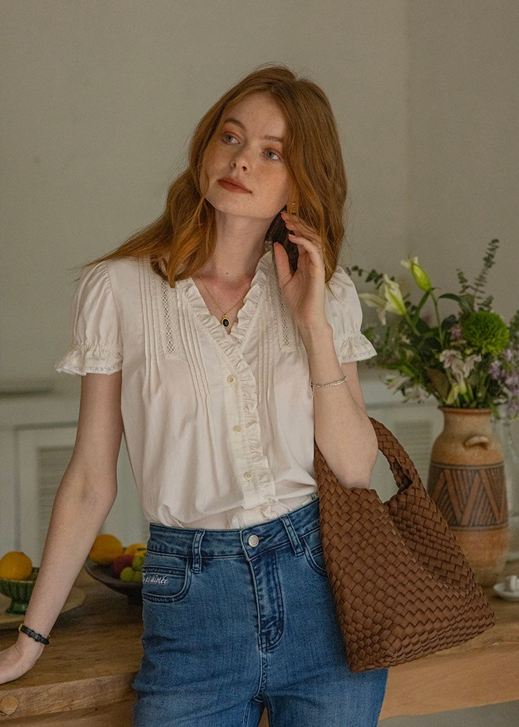Sunday Picnic Blouse | Lace Trim Puff Sleeve Vintage Top(2COLOR)