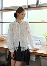 Romantic Polka Dot Lace Trim Blouse with Tie Neck