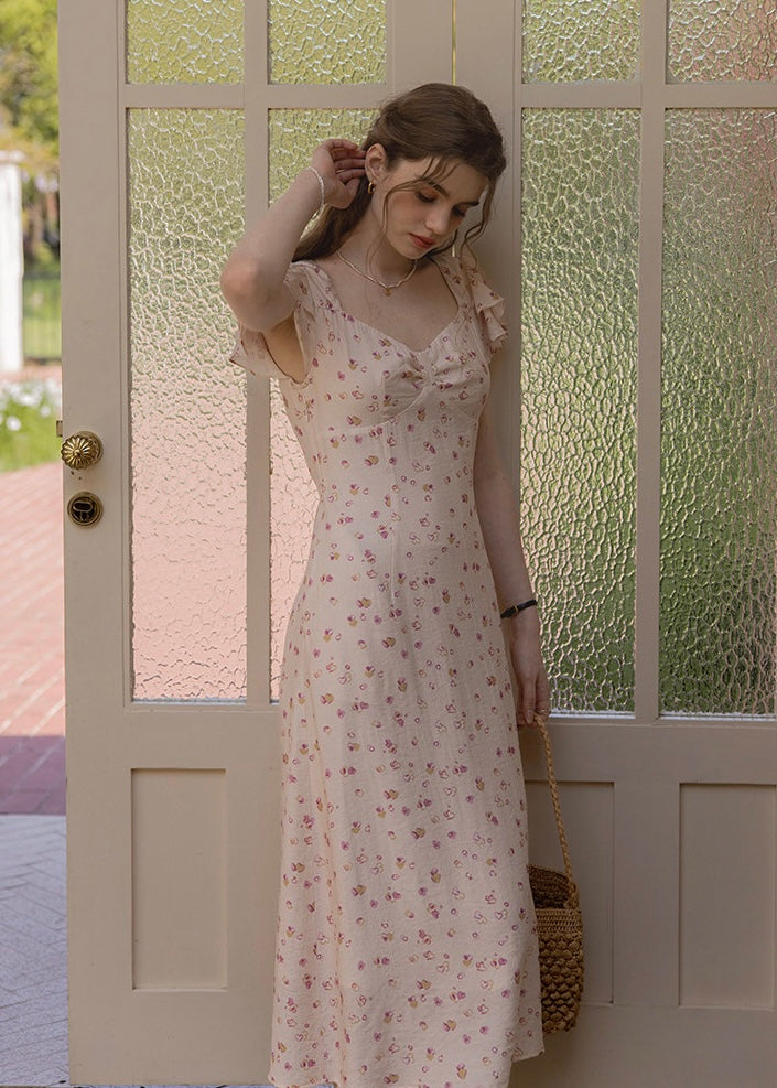 Pink Floral Flutter Sleeve Dress